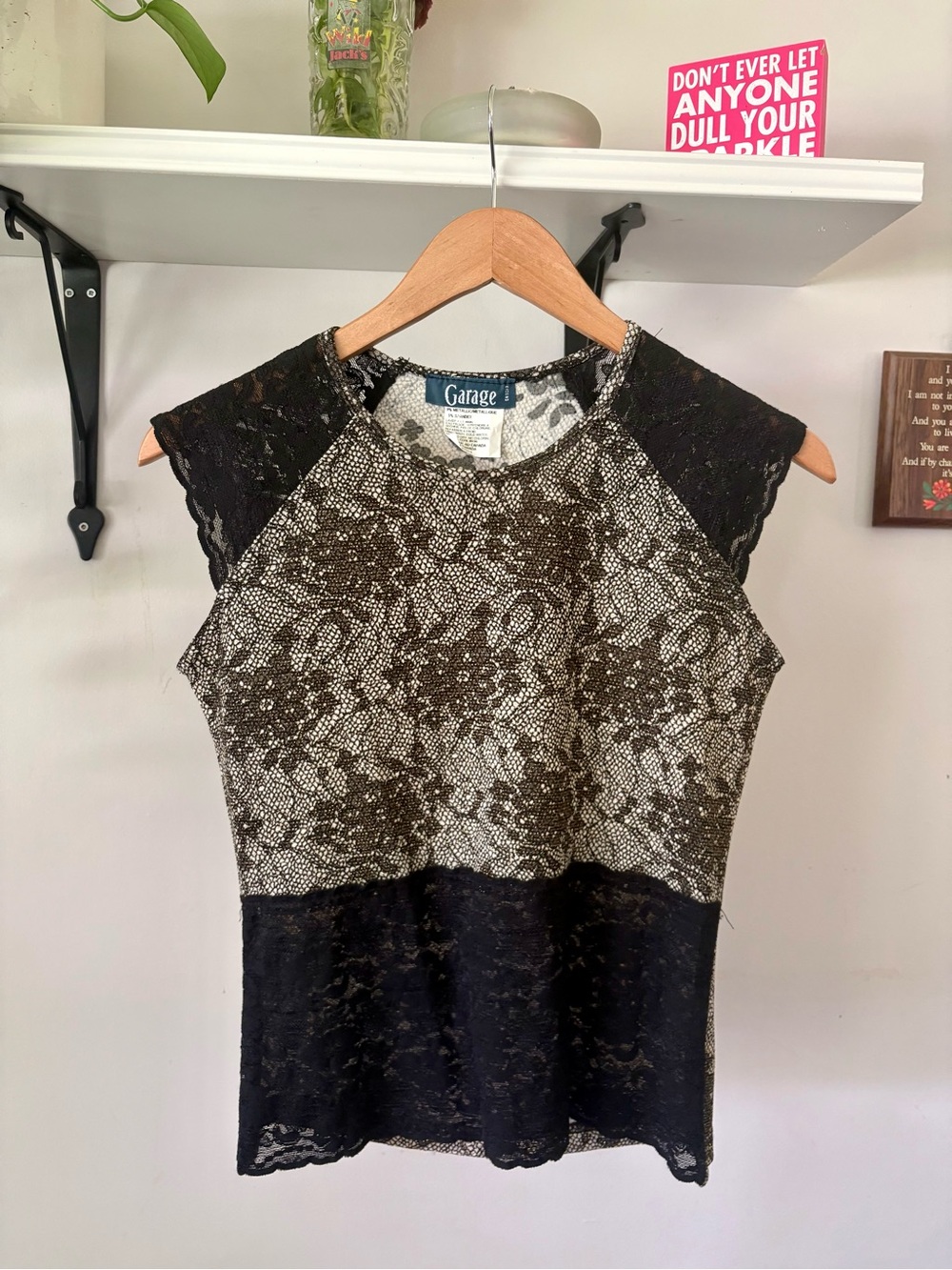 Garage Black Lace Overlay Cap Sleeve Midi Top on Cream Base